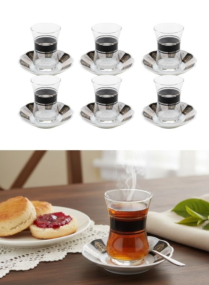 بريميم طقم أكواب شاي زجاجية مع صحون مكوّن من ست قطع بقاعدة سوداء مقاومة للحرارة - Image 1